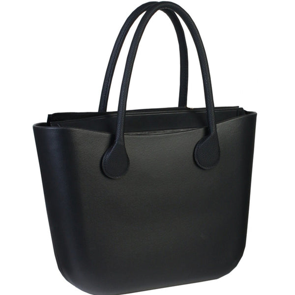 Black waterproof shoulder tote with black zip closure and handles.