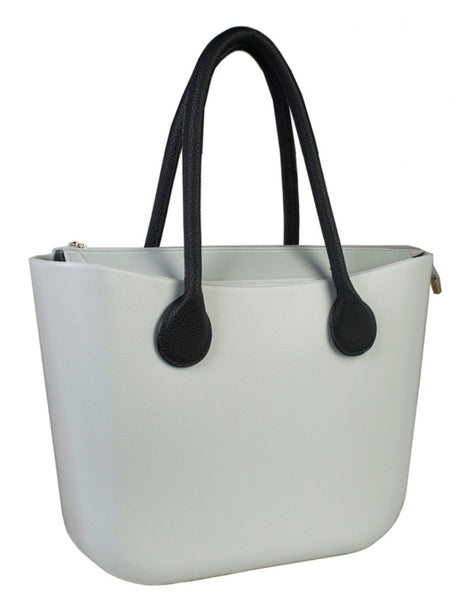 Light Grey waterproof shoulder tote with light grey zip closure and black handles.